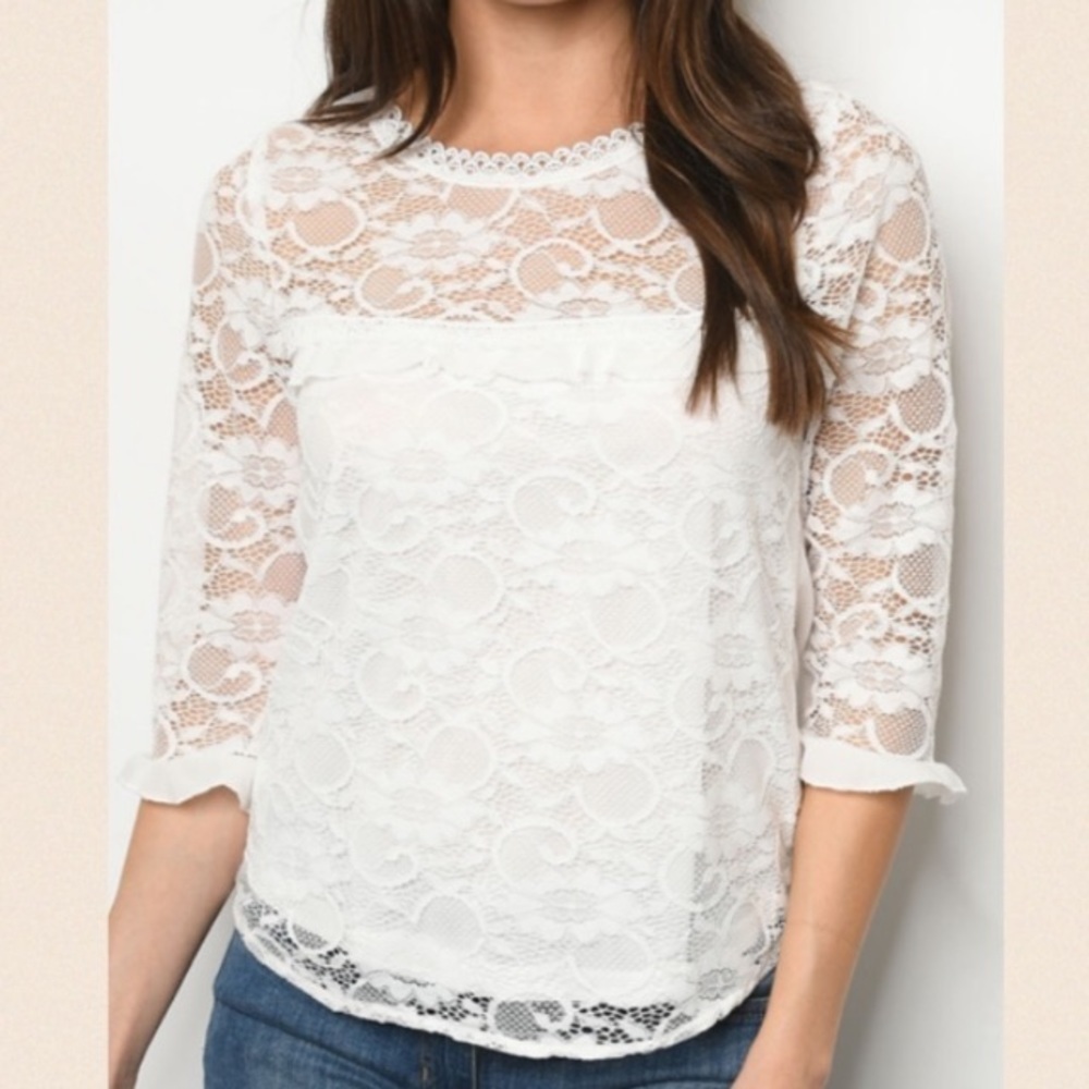 - Floral Lace High Neck White Top